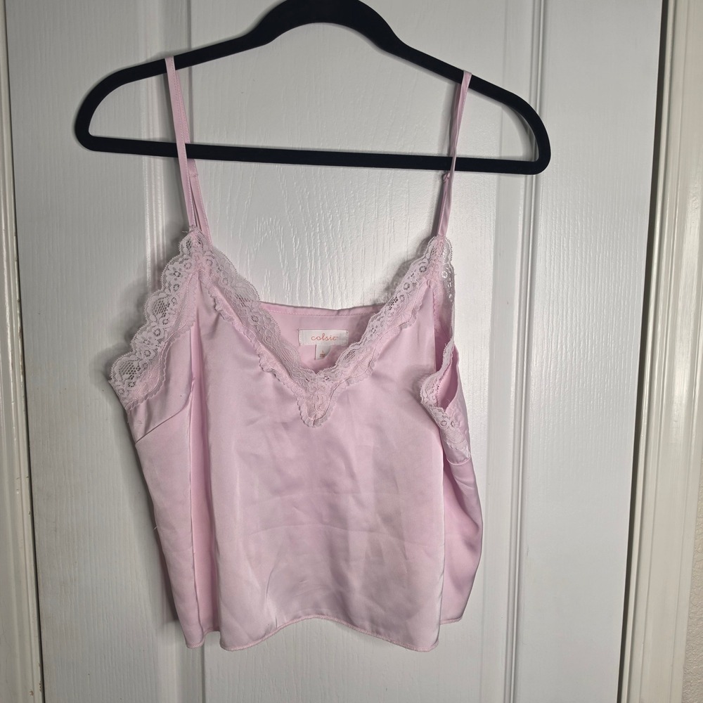 Colsie Pink Satin Lace Trim Camisole Sleep Top Large
